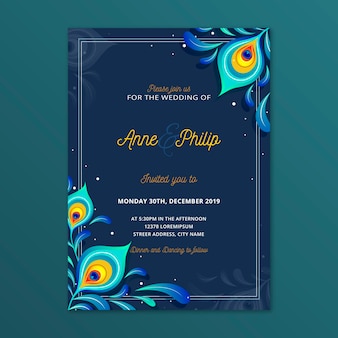 Wedding invitation template with peacock feathers