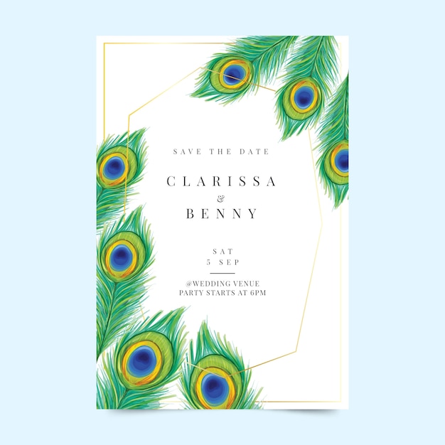 Wedding invitation template with peacock feathers