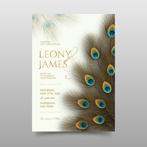 Free vector wedding invitation template with peacock feathers