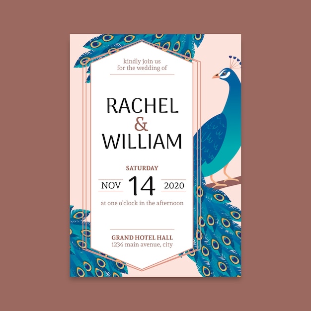 Free vector wedding invitation template with a peacock