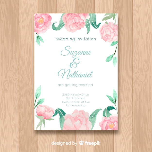 Wedding invitation template with peony flowers