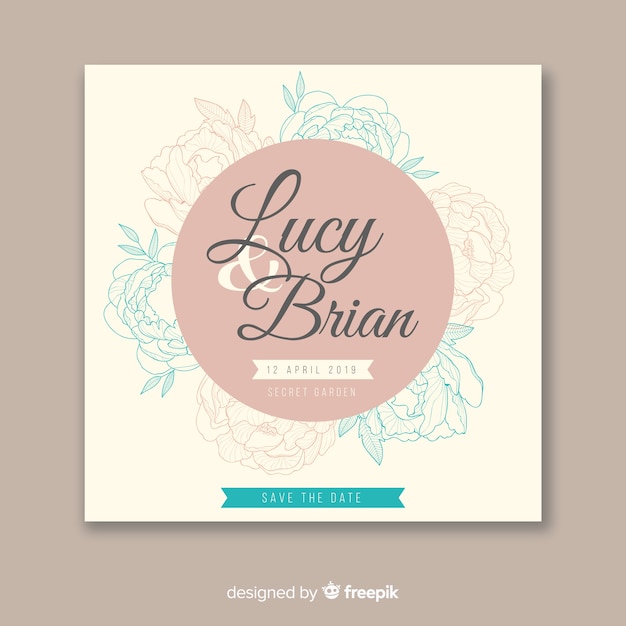 Wedding invitation template with peony flowers