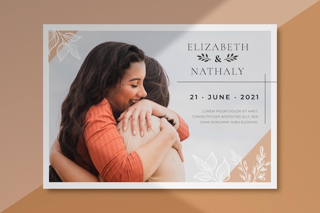 Wedding invitation template with photo of couple hugging