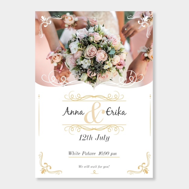 Free vector wedding invitation template with photo