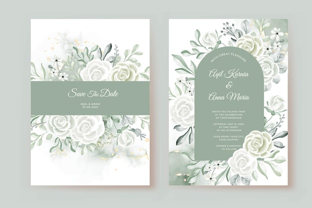 バラの白と緑の葉の水彩画と結婚式の招待状のテンプレート