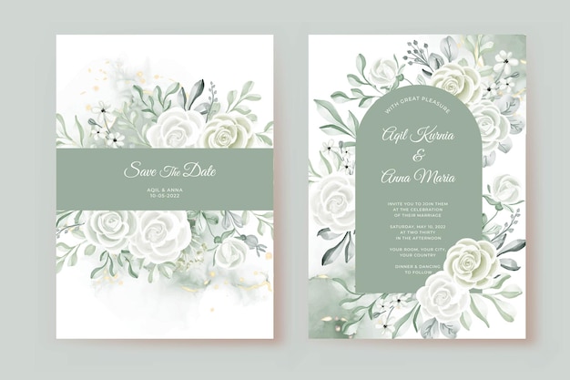 Wedding invitation template with rose white and greenery leaves watercolor