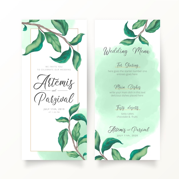 Wedding invitation template with watercolor leaves