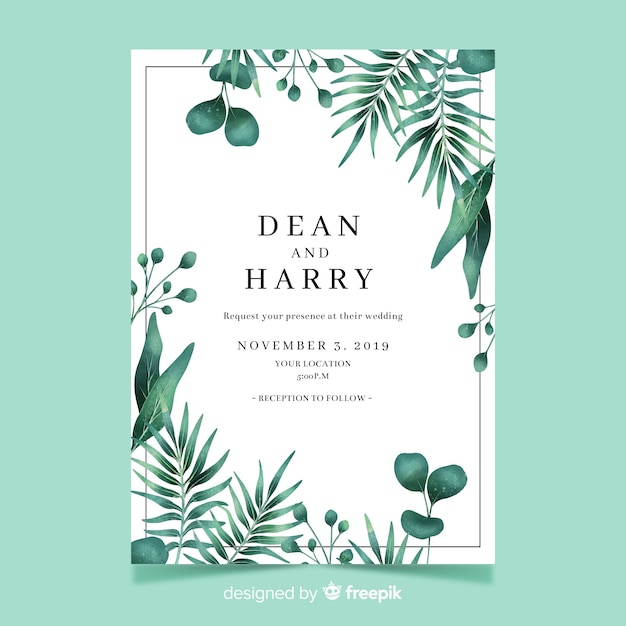 Free vector wedding invitation template with watercolor leaves