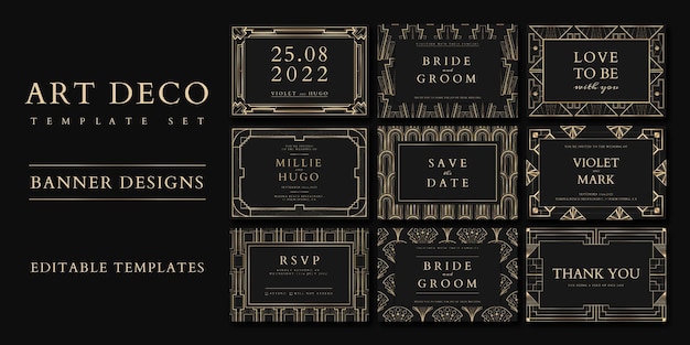 Wedding invitation vector set template for social media banner with art deco patterns