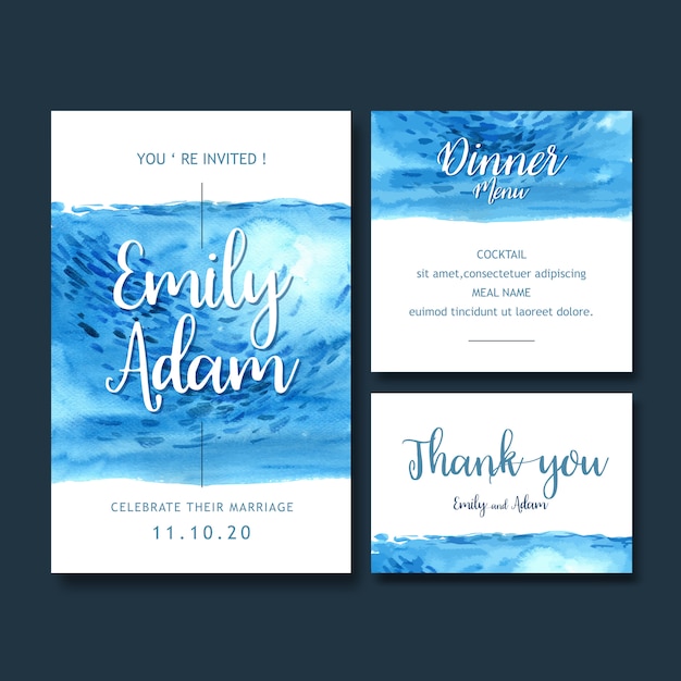 明るい青をテーマに、白い背景イラストと結婚式招待状水彩