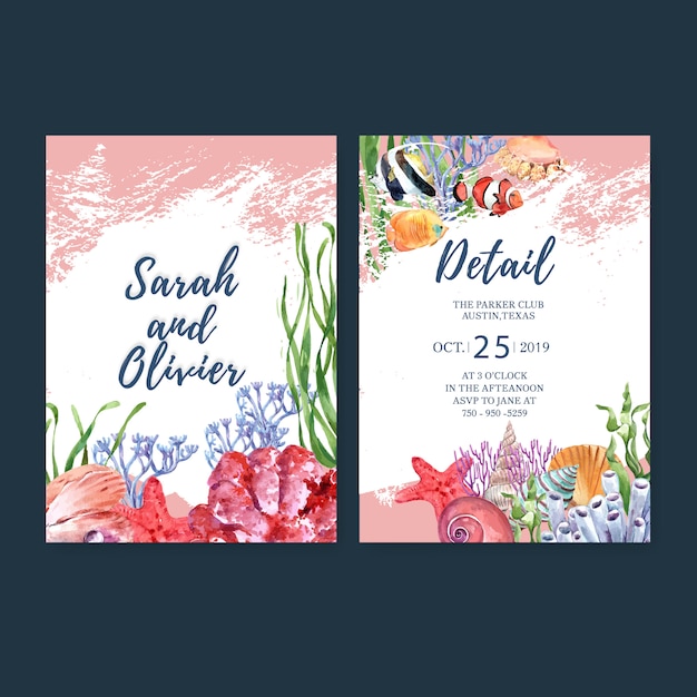 Free vector wedding invitation watercolor with sealife theme, watercolor illustration template.