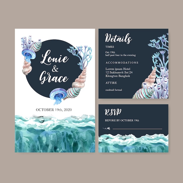 Wedding invitation watercolor with simple sealife theme, creative  illustration template.