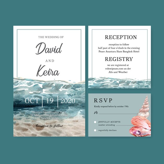 Wedding Invitation watercolor with under water, bright color illustration template.
