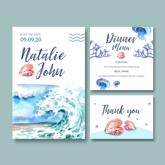 Free vector wedding invitation watercolor with wave concept, creative watercolor illustration.