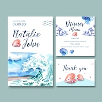 Wedding invitation watercolor with wave concept, creative watercolor illustration.