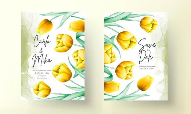 Free vector wedding invitation with beautiful yellow watercolor tulip flower