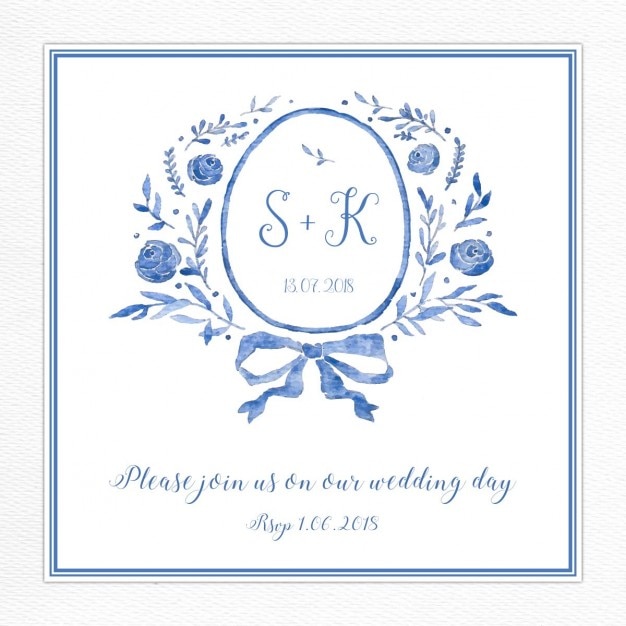 Free vector wedding invitation with a blue floral frame