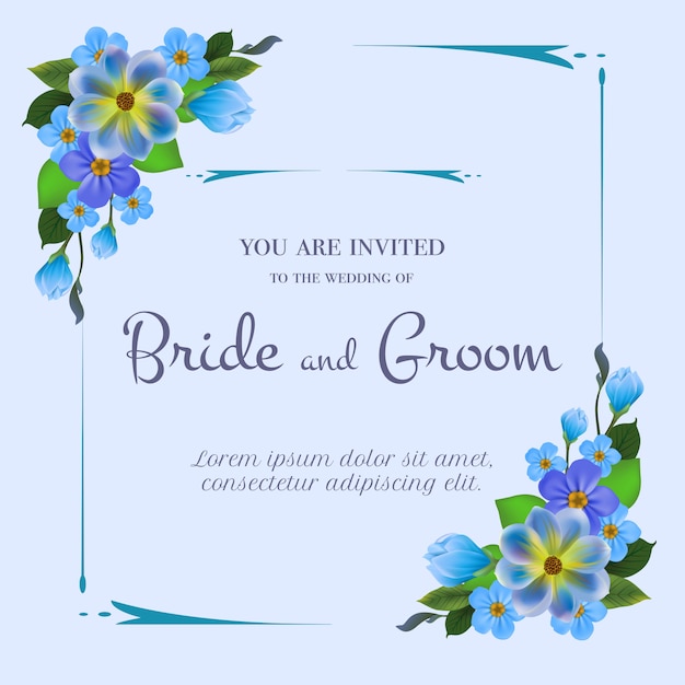 밝은 파란색 배경에 파란색 꽃 결혼 초대장.