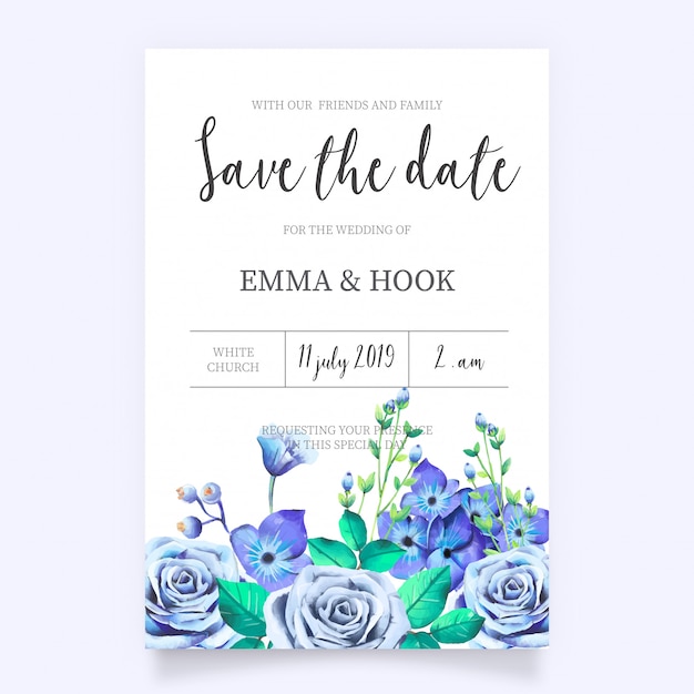 Free vector wedding invitation with blue flowers