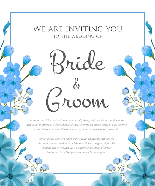 Wedding invitation with blue frame and flowers 