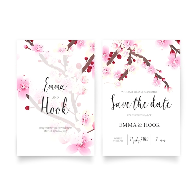 Free vector wedding invitation with cherry blossom flowers