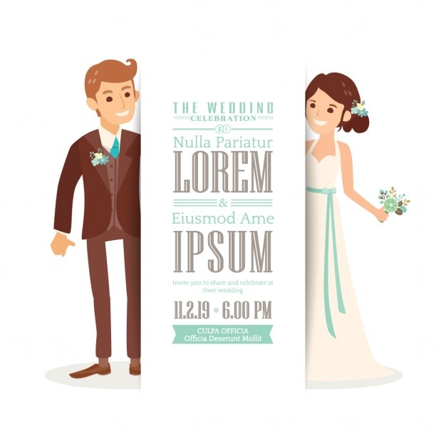 Wedding invitation with a cute bride and groom