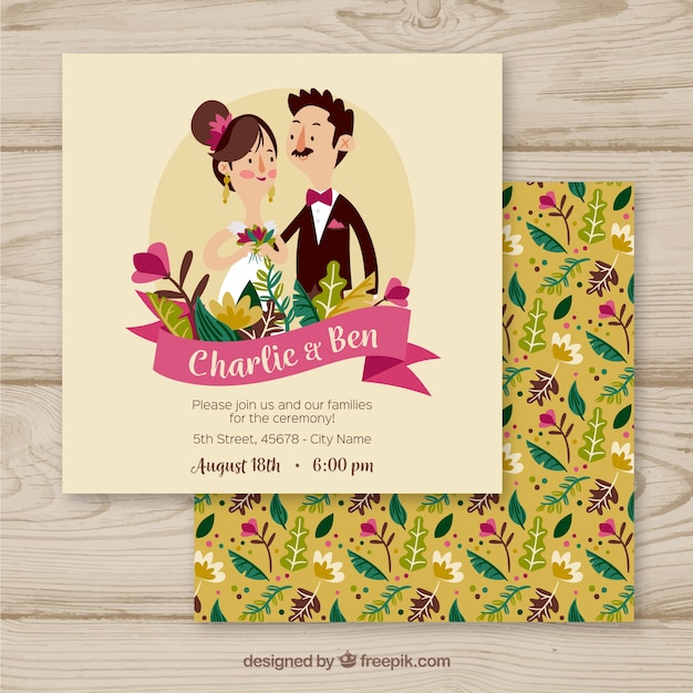 Free vector wedding invitation with cute couples