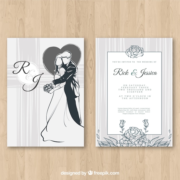 Free vector wedding invitation with floral ornaments and couple