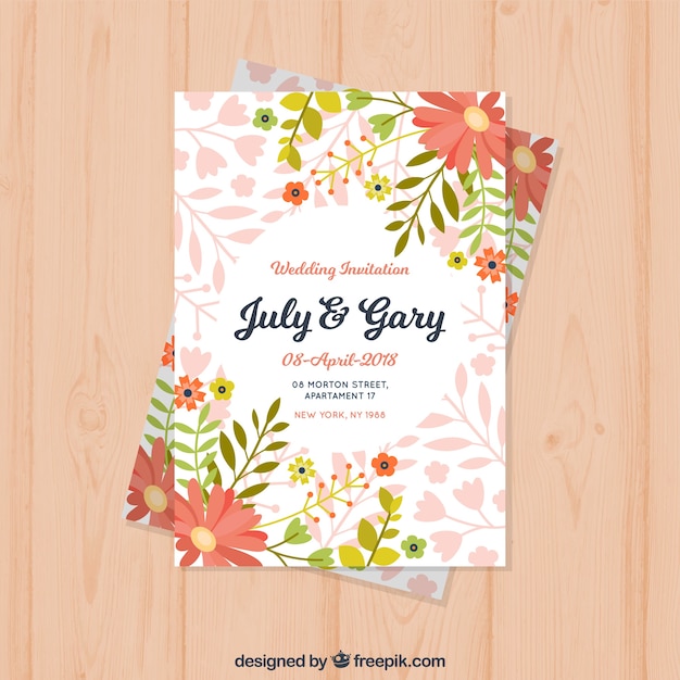 Wedding invitation with flowers in flat style
