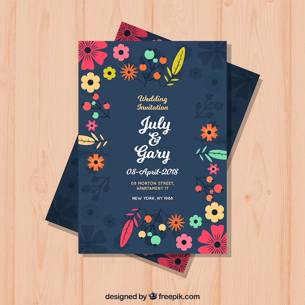 Wedding invitation with flowers in flat style