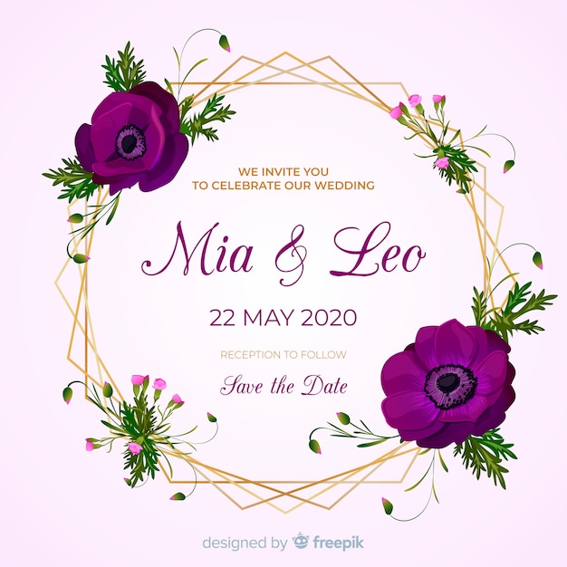 Wedding invitation with golden floral frame