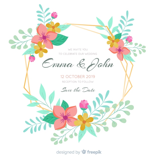 Wedding invitation with golden floral frame