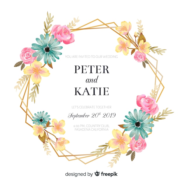 Free vector wedding invitation with golden floral frame