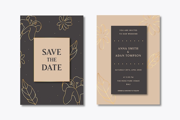 Free vector wedding invitation with golden leaves