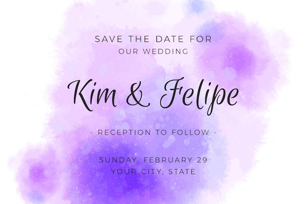 Wedding invitation with gradient watercolour violet stains