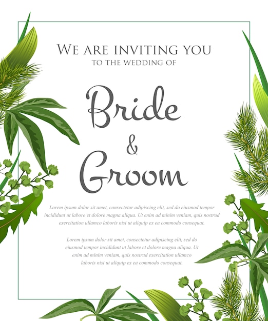 Wedding invitation with green leaves and fur branches. 