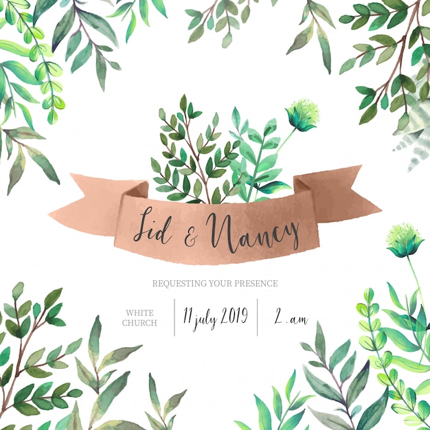 Free vector wedding invitation with green leaves