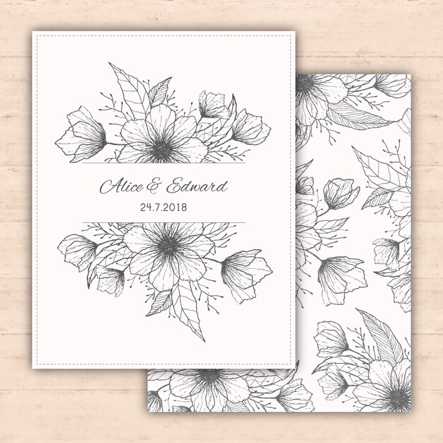 Wedding invitation with hand drawn flowers