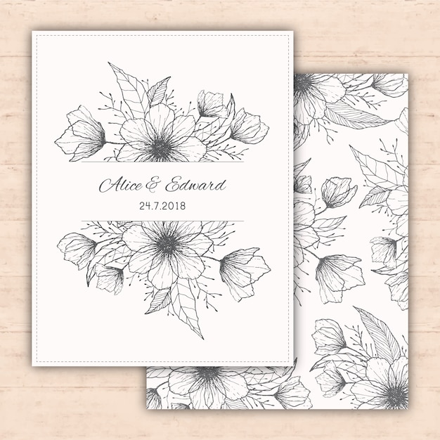 手描きの花と結婚式の招待状のデザイン