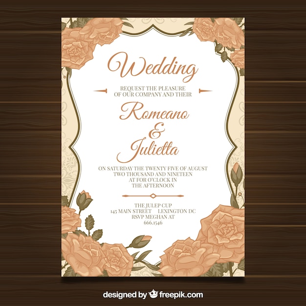 Free vector wedding invitation with hand drawn flowers