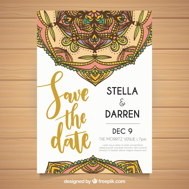 Free vector wedding invitation with hand drawn mandalas