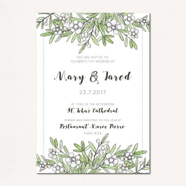 Free vector wedding invitation with leaves and flowers