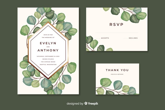 Wedding invitation with leaves watercolor style