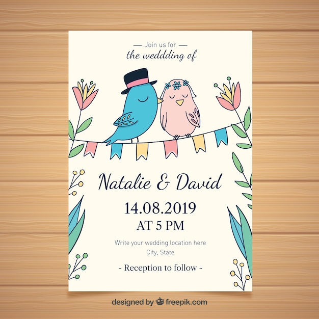 Free vector wedding invitation with lovely birds