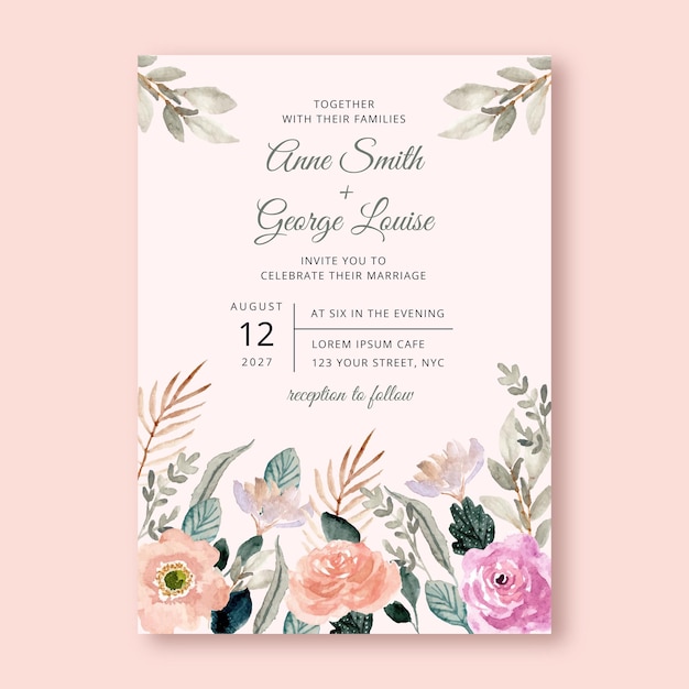Free vector wedding invitation with pink peach floral watercolor border