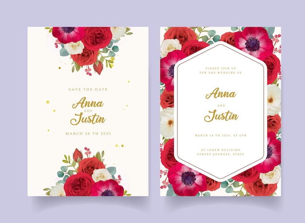 Wedding invitation with red watercolor flowers