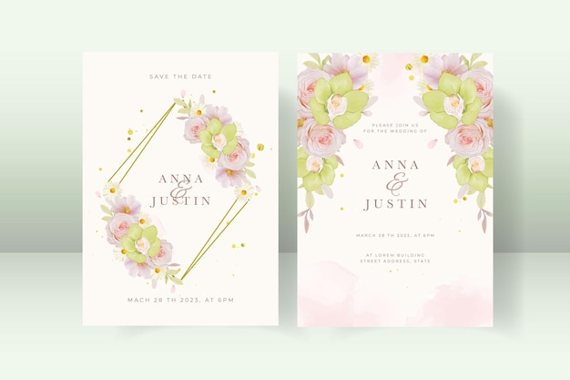 バラ​と​緑​の​蘭​の​結婚式​の​招待状