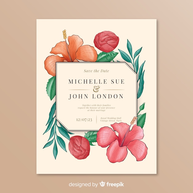 Free vector wedding invitation with simple floral frame