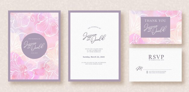甘さの紫色のスプラッシュと花のライン アートの結婚式の招待状