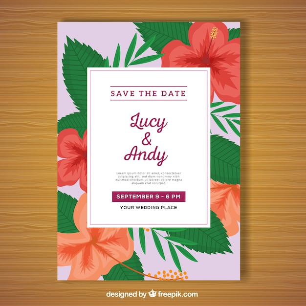 Free vector wedding invitation with tropical flowers